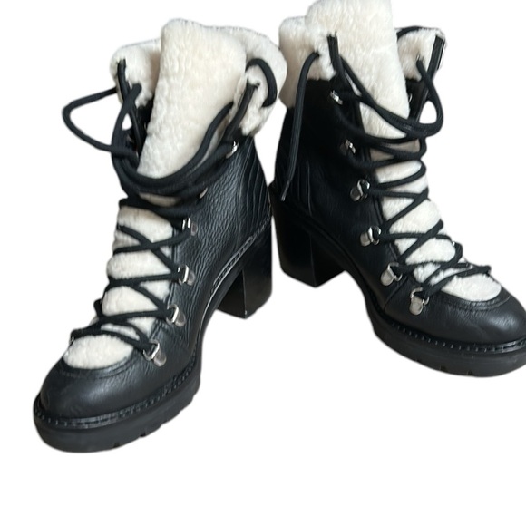 Mark Fisher,boots,sheep fur,Black leather biker wm sz 7.5 chunky heel,platform - Picture 1 of 15